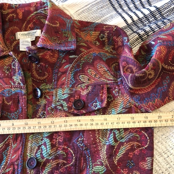 Coldwater Creek Womens Denim Jacket Sz XS Red Paisley Beads Western Boho Fall - Picture 5 of 6